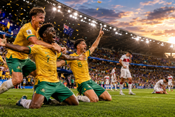Australia players celebrating after defeating Turkey 2-0 during a FIFA World Cup 2026 Group D match in a packed stadium with fans and floodlights.