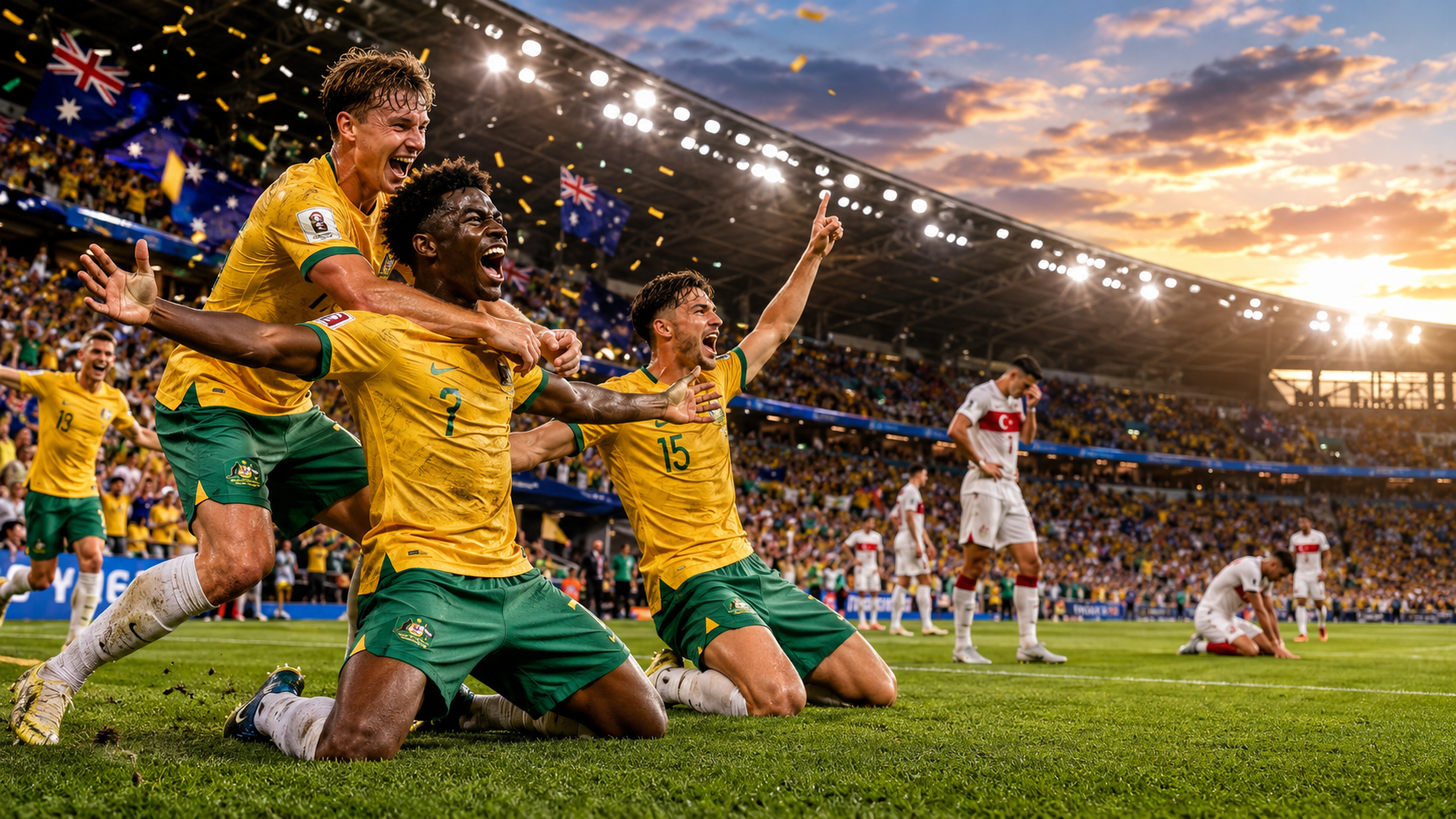 Australia players celebrating after defeating Turkey 2-0 during a FIFA World Cup 2026 Group D match in a packed stadium with fans and floodlights.