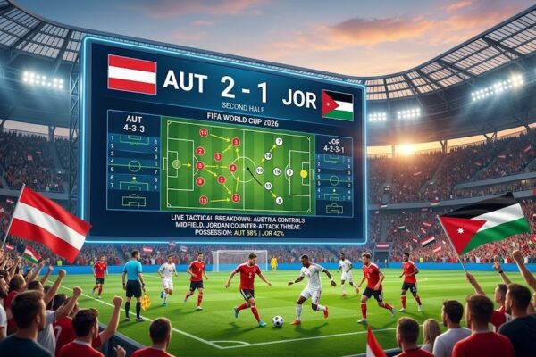 Austria and Jordan players competing during a FIFA World Cup 2026 match with fans, floodlights, and a packed stadium atmosphere.