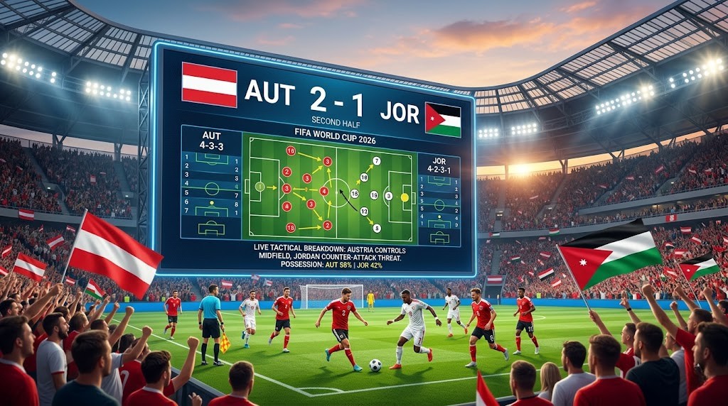 Austria and Jordan players competing during a FIFA World Cup 2026 match with fans, floodlights, and a packed stadium atmosphere.