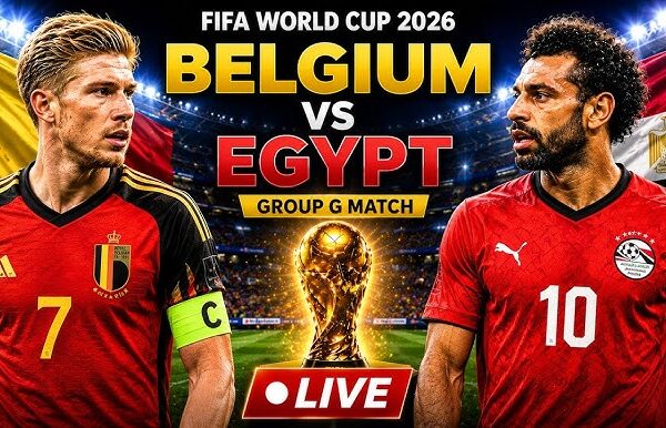 Belgium player number 7 and Egypt player number 10 facing off in a FIFA World Cup 2026 Group G match promotional graphic with the World Cup trophy at center.