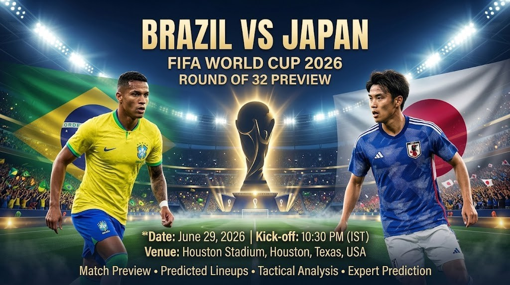 Brazil and Japan players standing on the pitch under dramatic stadium floodlights before their FIFA World Cup 2026 Round of 32 match in Houston.