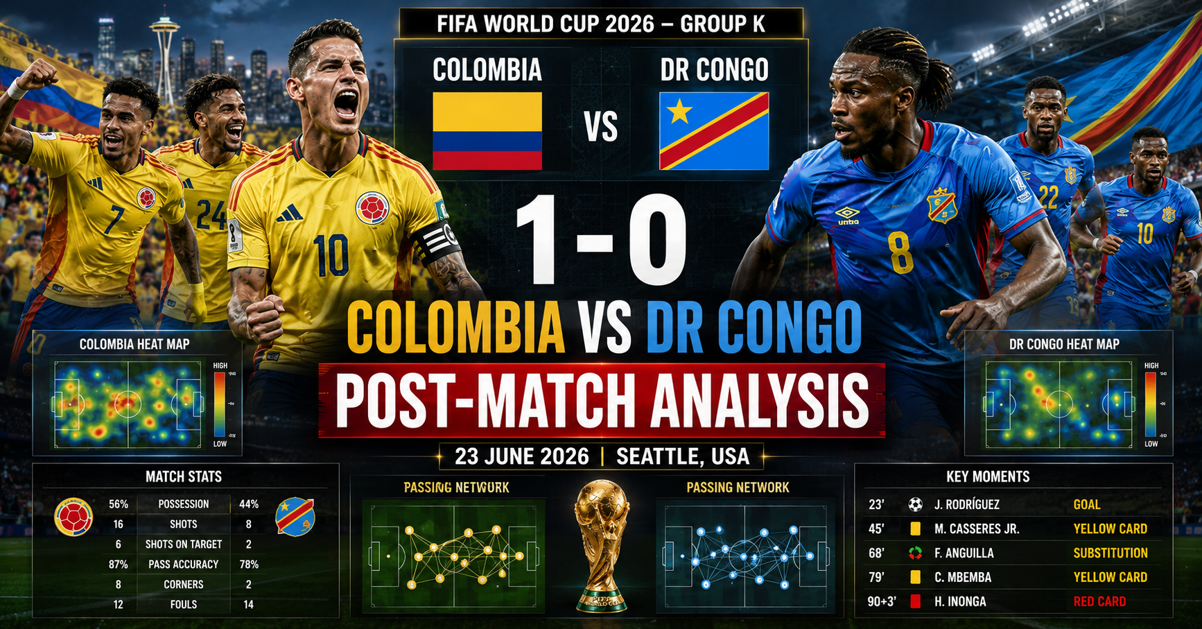FIFA World Cup 2026 post-match analysis graphic featuring Colombia vs DR Congo with Colombia winning 1-0 in Seattle, USA.