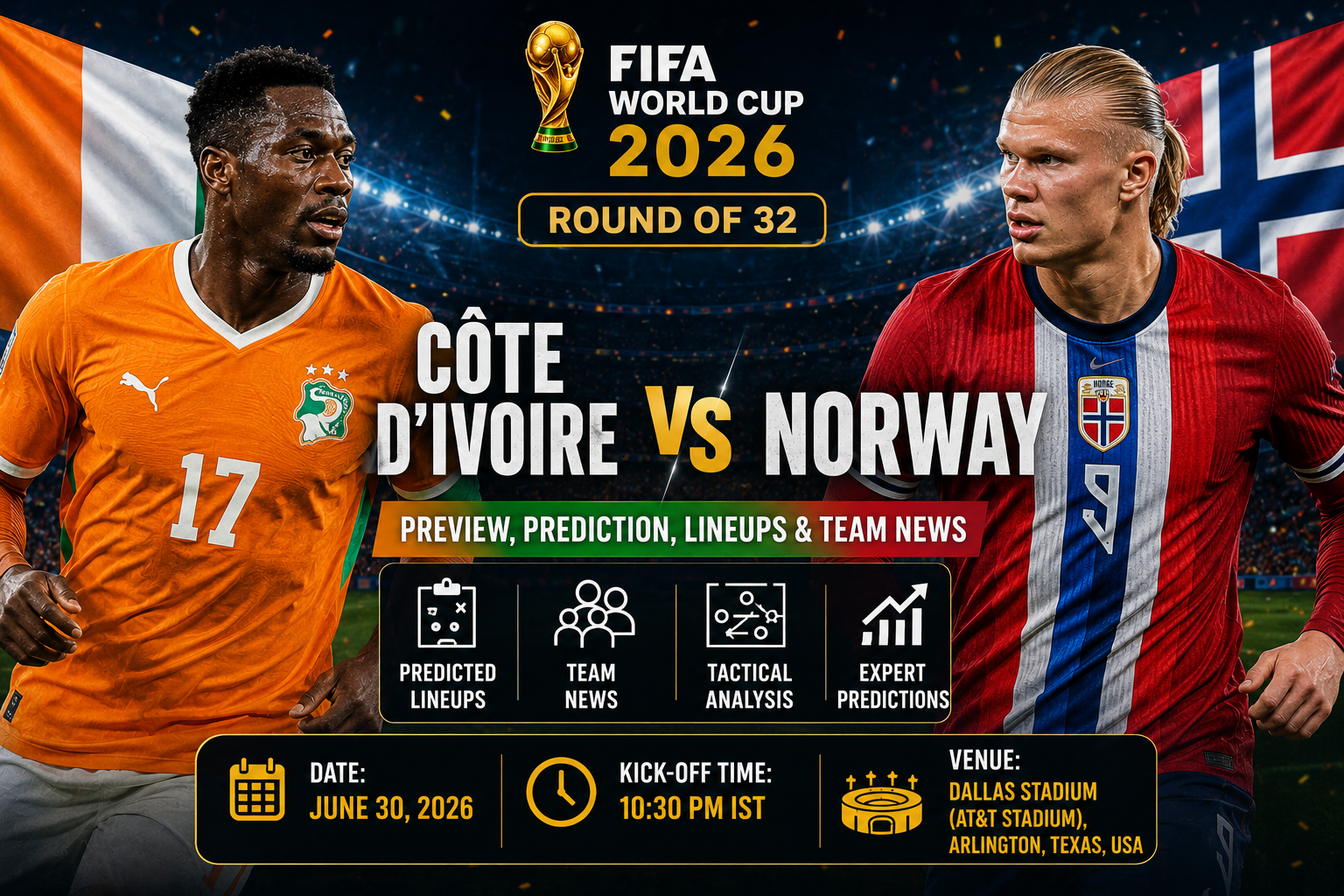 Côte d'Ivoire and Norway players facing each other before kick-off at Dallas Stadium during the World Cup 2026 Round of 32.