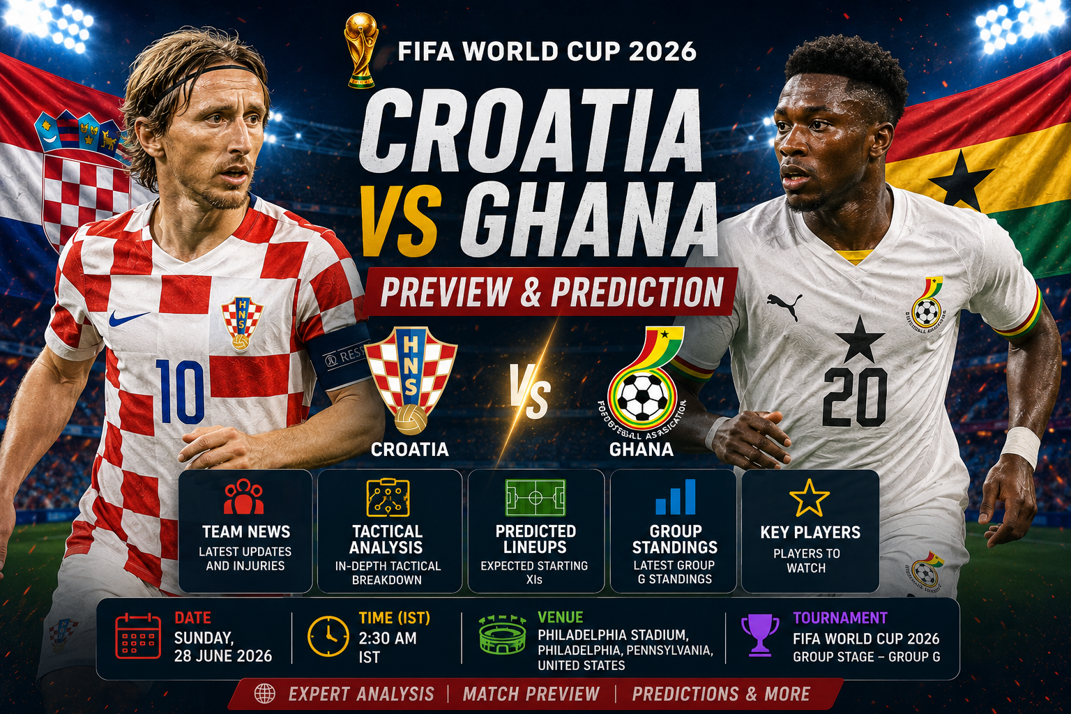 Croatia and Ghana players battling for possession during a crucial FIFA World Cup 2026 Group L match at the Philadelphia Stadium.