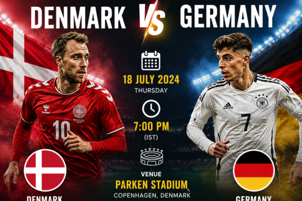 Denmark and Germany players preparing for the 1st T20I at Brøndby Cricket Stadium with fans, floodlights, and national flags creating a vibrant atmosphere.
