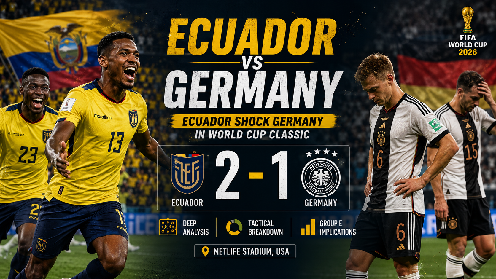 Gonzalo Plata and Ecuador teammates celebrate scoring the winning goal against Germany in FIFA World Cup 2026 at MetLife Stadium.