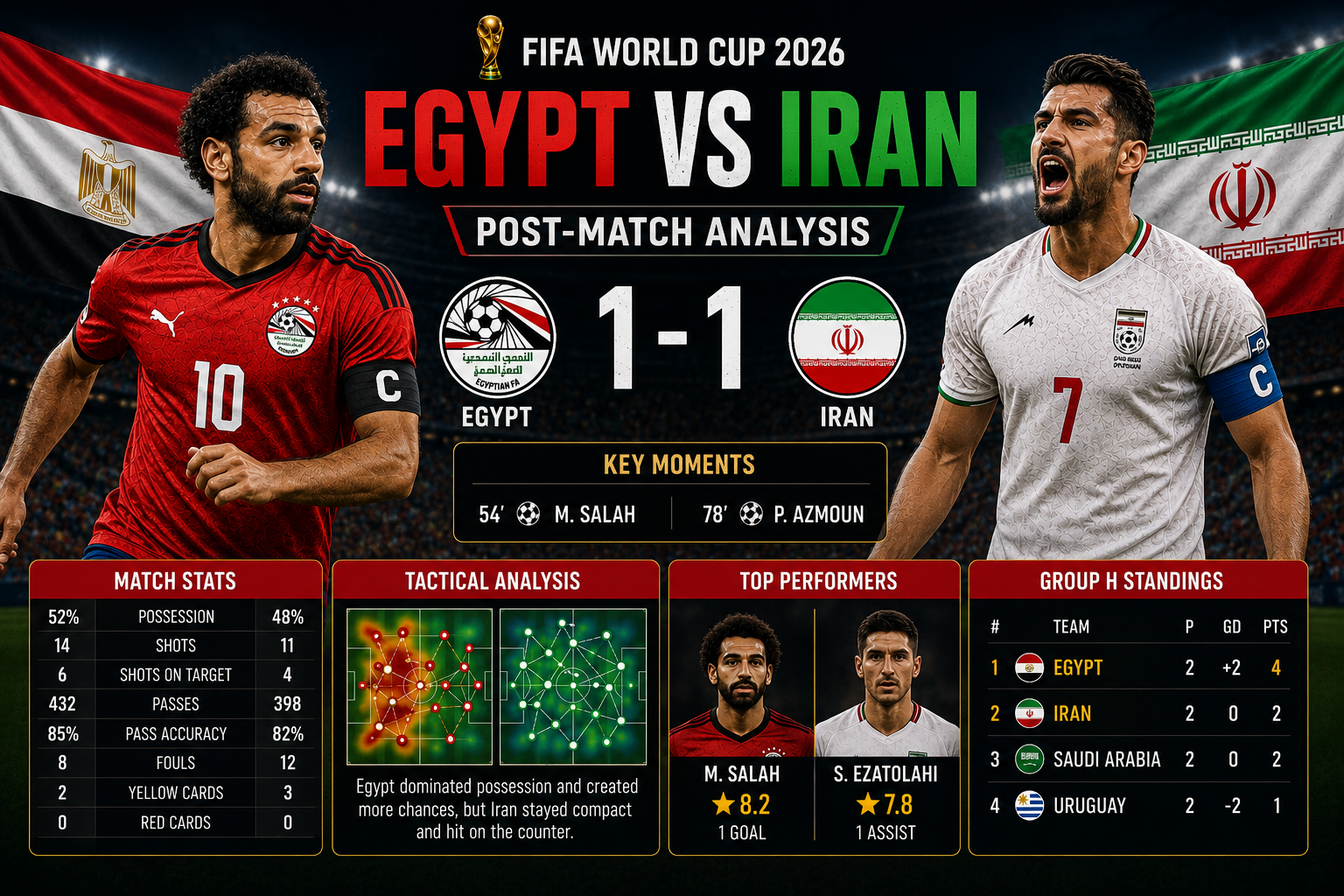 Mohamed Salah of Egypt and Mehdi Taremi of Iran during their intense FIFA World Cup 2026 match.