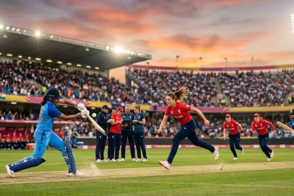 England and India women cricketers in action during a high-intensity warm-up match in England ahead of the 2026 tournament.