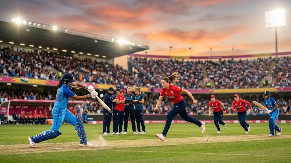 England and India women cricketers in action during a high-intensity warm-up match in England ahead of the 2026 tournament.
