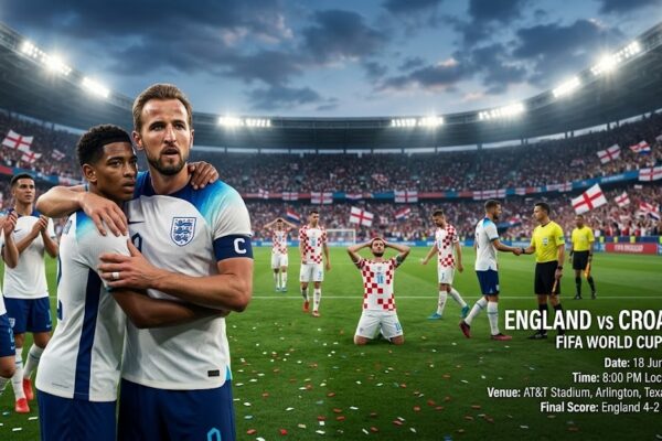 England players celebrating after defeating Croatia 4-2 during the FIFA World Cup 2026 at AT&T Stadium in Arlington, Texas.