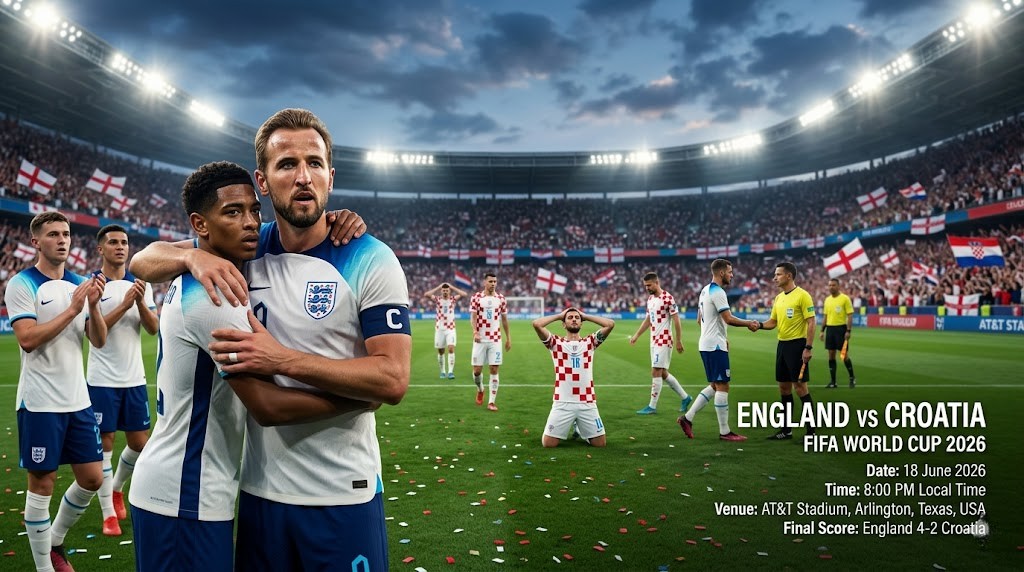 England players celebrating after defeating Croatia 4-2 during the FIFA World Cup 2026 at AT&T Stadium in Arlington, Texas.