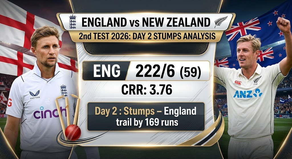 New Zealand players celebrating at stumps on Day 2 of the 2nd Test against England at The Oval in London, with England trailing by 169 runs.