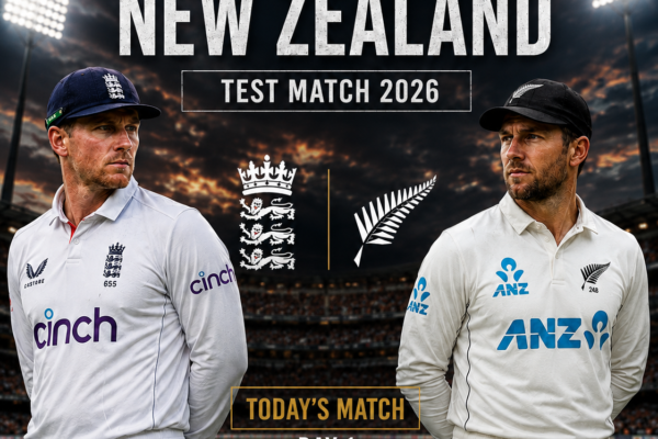 England batsman facing a New Zealand fast bowler during a Test match with a packed stadium, floodlights, and supporters waving national flags.