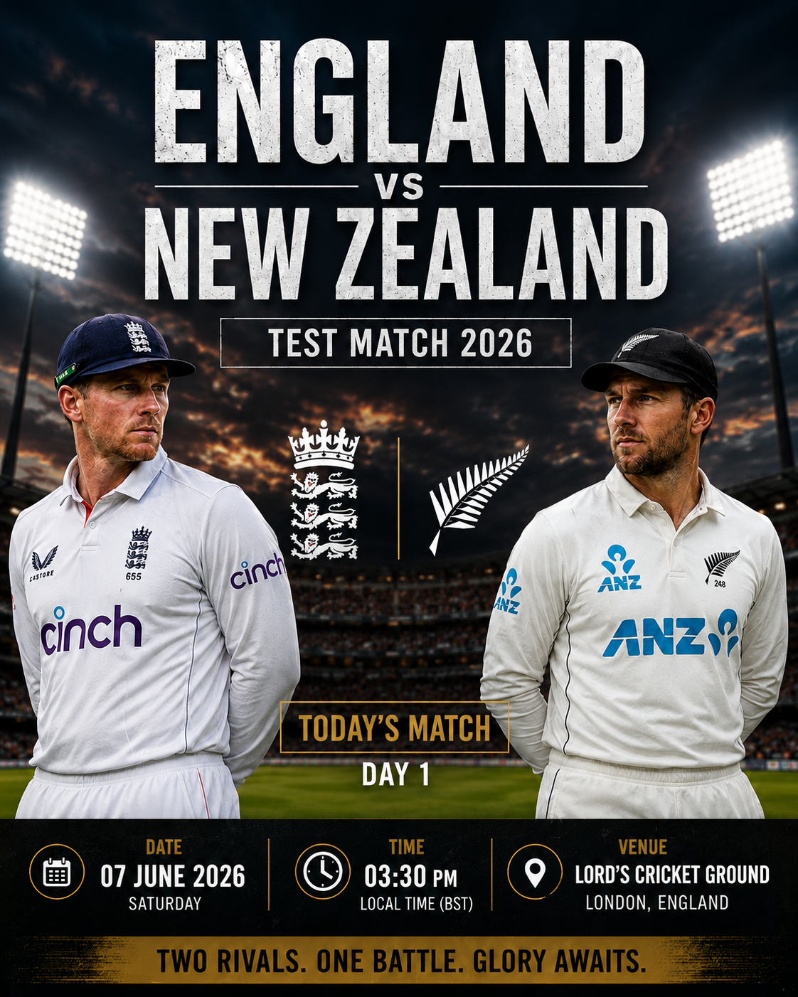 England batsman facing a New Zealand fast bowler during a Test match with a packed stadium, floodlights, and supporters waving national flags.