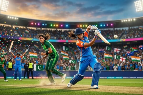 Indian batter drives during India vs Pakistan Women's T20 match under floodlights.