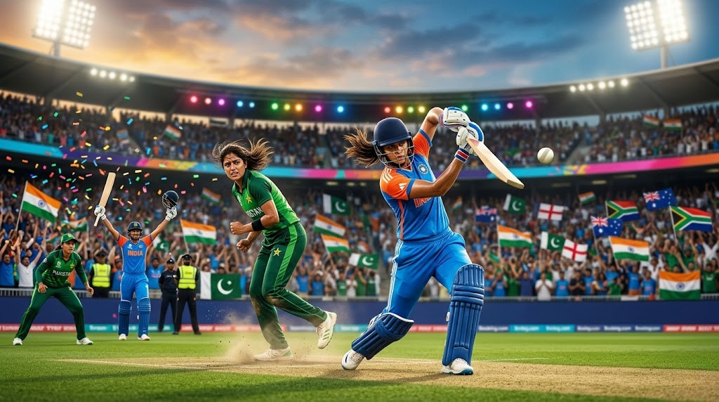 Indian batter drives during India vs Pakistan Women's T20 match under floodlights.