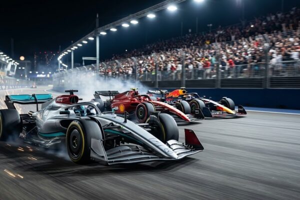 A dynamic photograph of three Formula 1 cars racing closely on a floodlit street circuit at night.