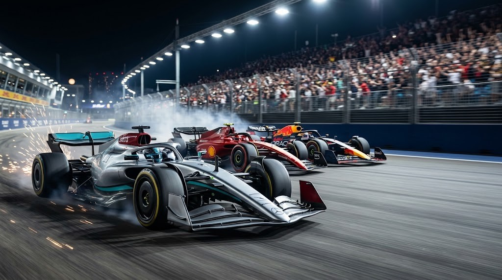 A dynamic photograph of three Formula 1 cars racing closely on a floodlit street circuit at night.