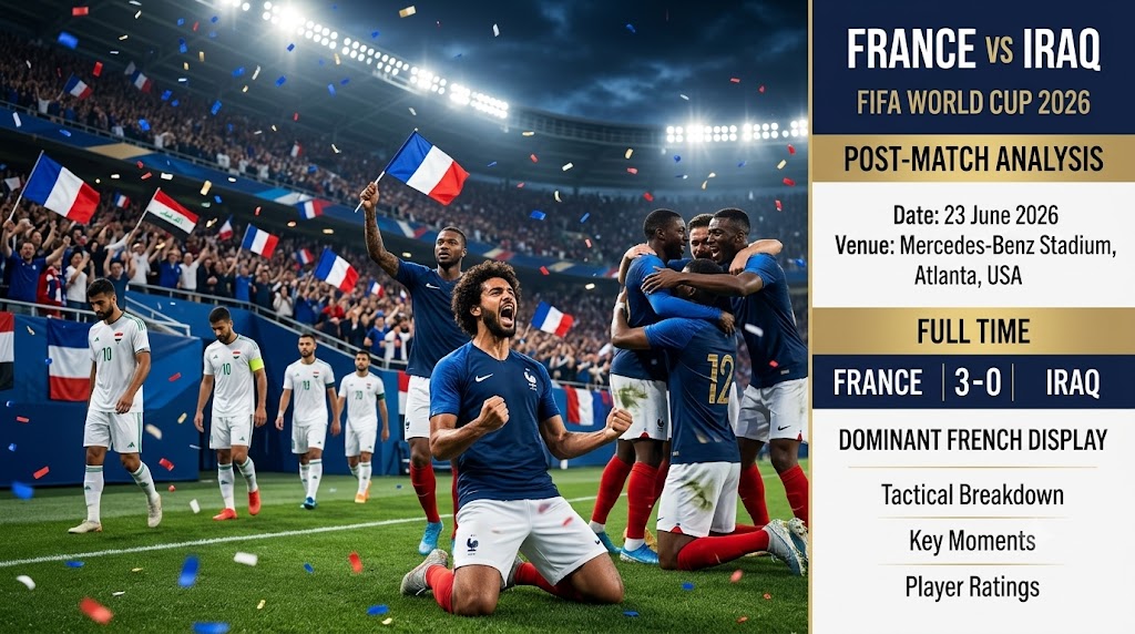France players celebrate after defeating Iraq 3-0 in the FIFA World Cup 2026 match at Mercedes-Benz Stadium in Atlanta.