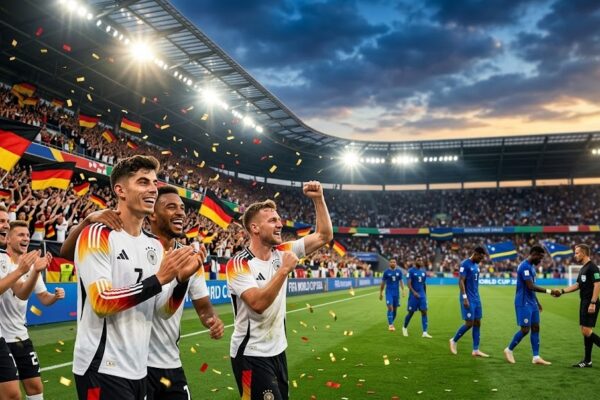 Germany players celebrating a 7-1 victory over Curaçao during the FIFA World Cup 2026 with fans and floodlights inside a packed stadium.