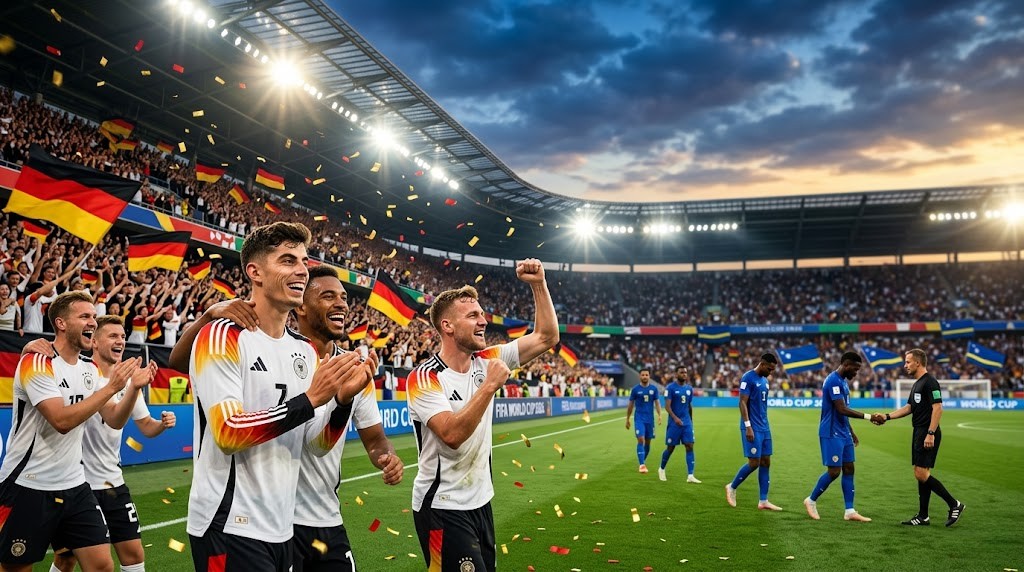 Germany players celebrating a 7-1 victory over Curaçao during the FIFA World Cup 2026 with fans and floodlights inside a packed stadium.