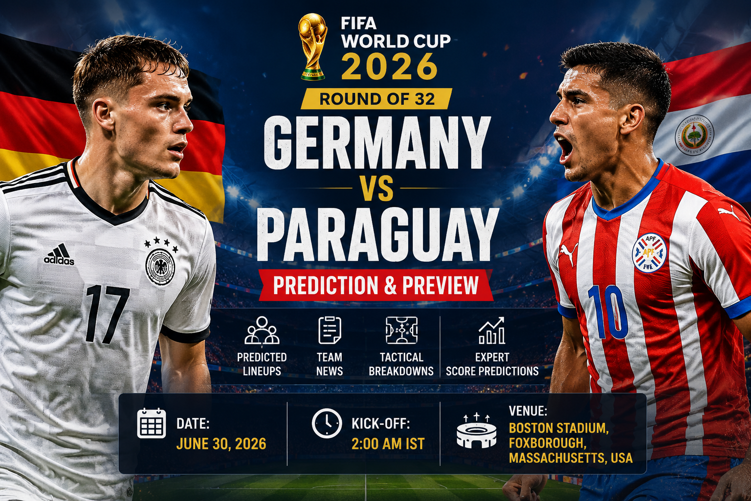 Germany vs Paraguay FIFA World Cup 2026 Round of 32 prediction preview match graphic featuring predicted lineups team news tactical breakdowns.