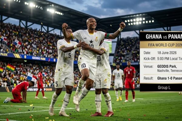 Ghana players celebrating after defeating Panama 1-0 during the FIFA World Cup 2026 at GEODIS Park in Nashville, Tennessee.