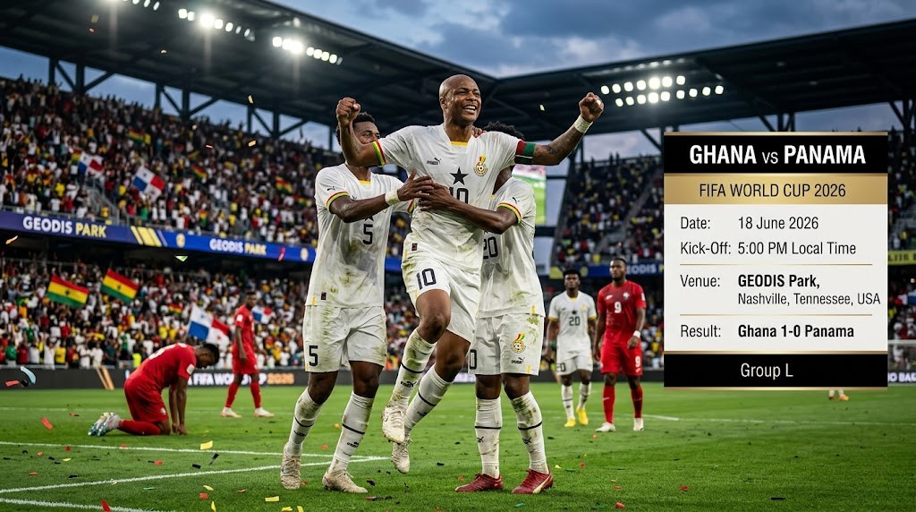 Ghana players celebrating after defeating Panama 1-0 during the FIFA World Cup 2026 at GEODIS Park in Nashville, Tennessee.