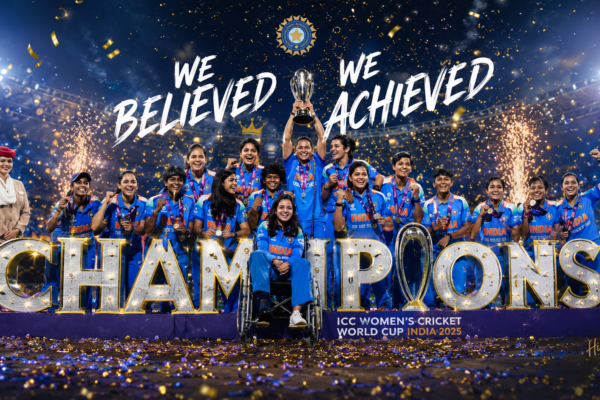 India Women players celebrating during preparations for the ICC Women's T20 World Cup 2026 in England with a packed stadium and Indian flags in the background.