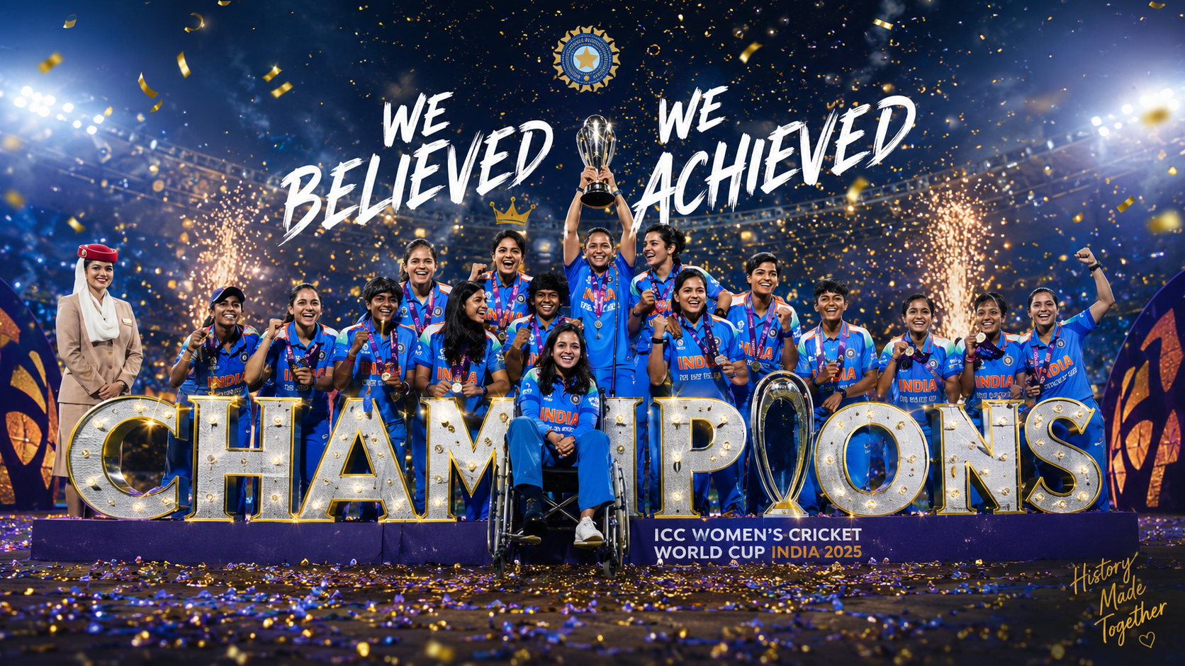 India Women players celebrating during preparations for the ICC Women's T20 World Cup 2026 in England with a packed stadium and Indian flags in the background.