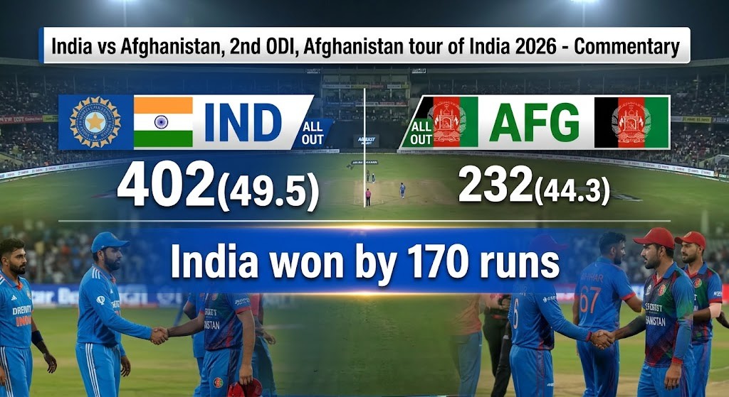 Indian players celebrating after defeating Afghanistan by 170 runs in the 2nd ODI at HPCA Stadium, Dharamshala, with Shubman Gill and Ishan Kishan starring for India.