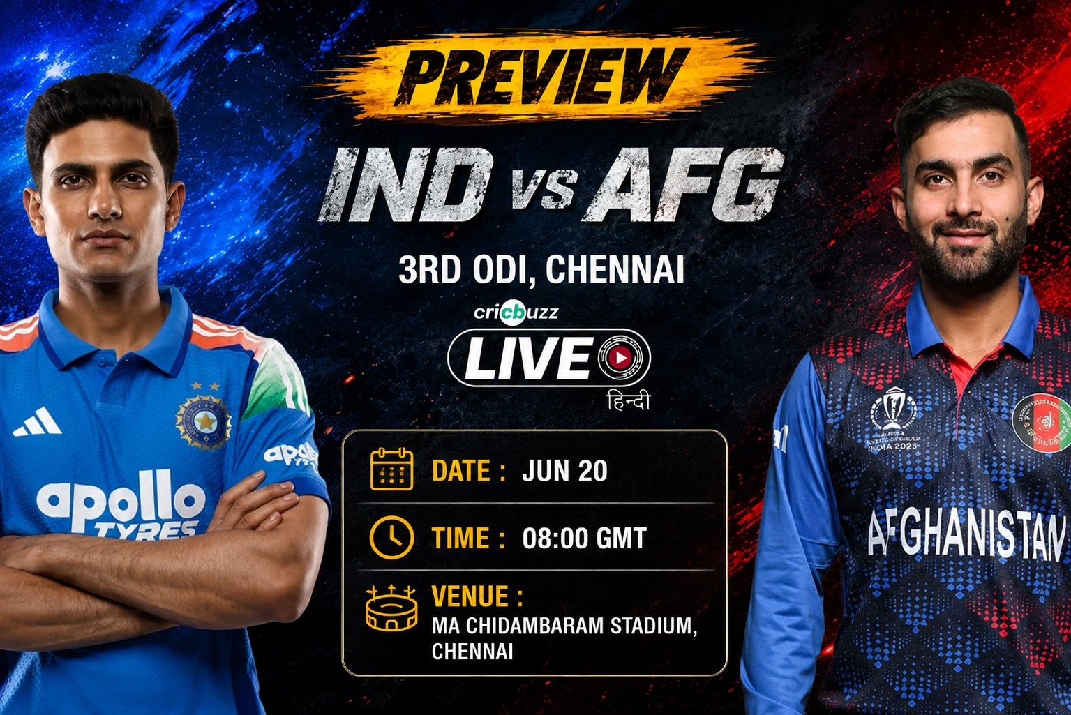 India and Afghanistan players preparing for the 3rd ODI at MA Chidambaram Stadium in Chennai, with fans, floodlights, and national flags creating a vibrant atmosphere.