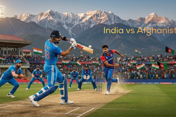 Indian batsman facing an Afghanistan bowler during the 1st ODI in Dharamshala with the Himalayan mountains and a packed stadium in the background.