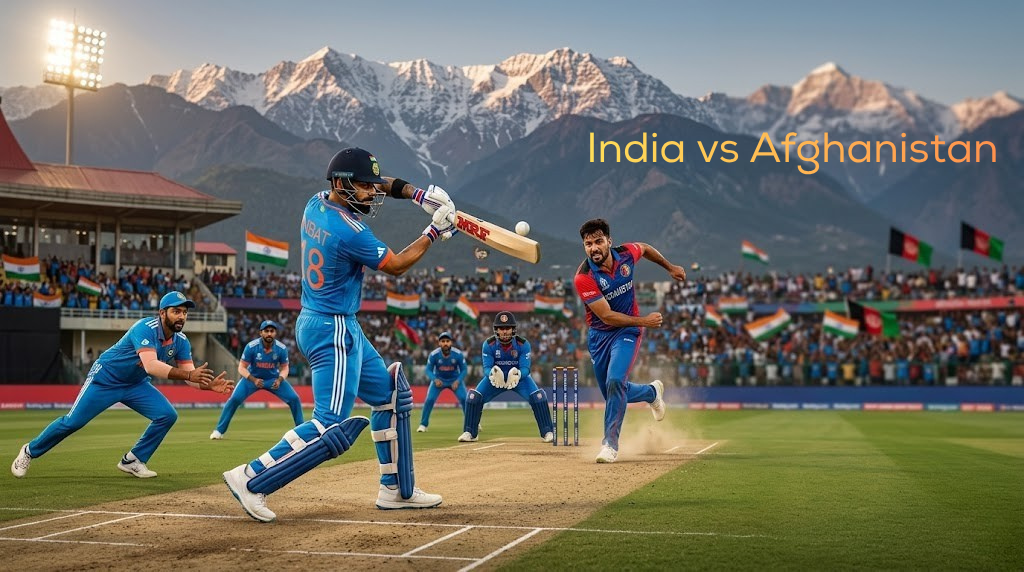 Indian batsman facing an Afghanistan bowler during the 1st ODI in Dharamshala with the Himalayan mountains and a packed stadium in the background.