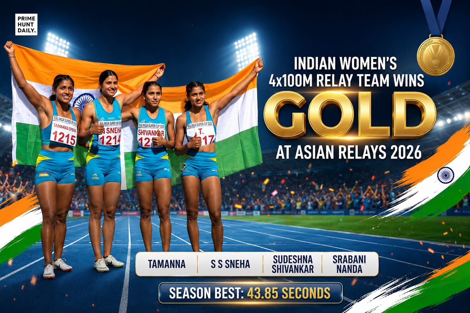 Indian Women's 4x100m Relay Team celebrates Gold medal victory at the Asian Relays Championships 2026 in Shaoxing, China with a season-best time of 43.85 seconds.