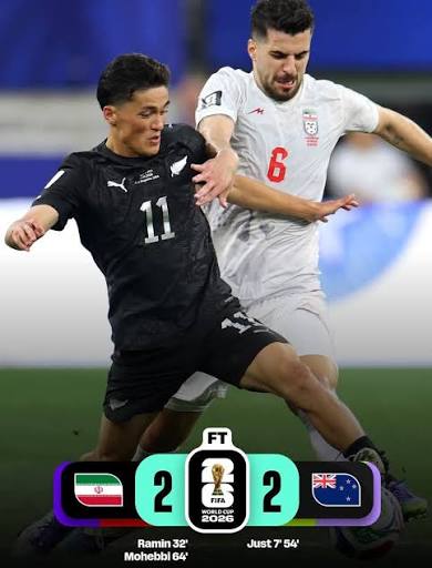 New Zealand player number 11 and Iran player number 6 battling for the ball in a 2-2 draw at FIFA World Cup 2026 match scoreline shown at bottom