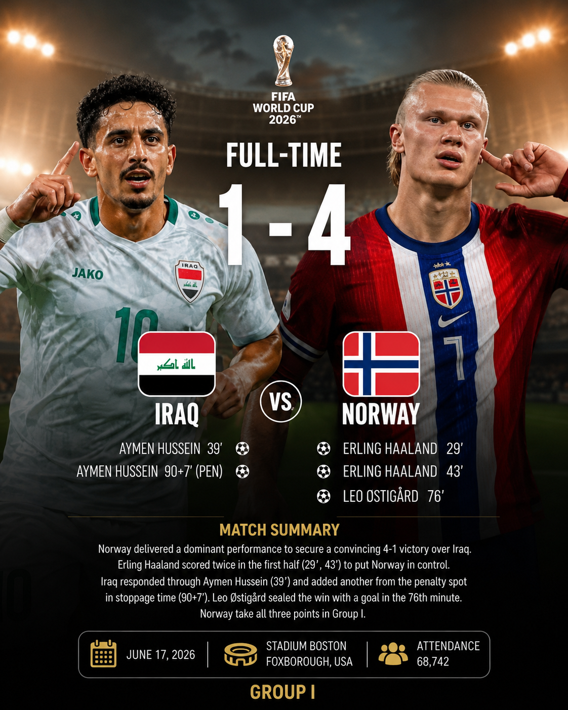 Norway players celebrating after defeating Iraq 4-1 during a FIFA World Cup 2026 match in a packed stadium with fans, flags, and floodlights.