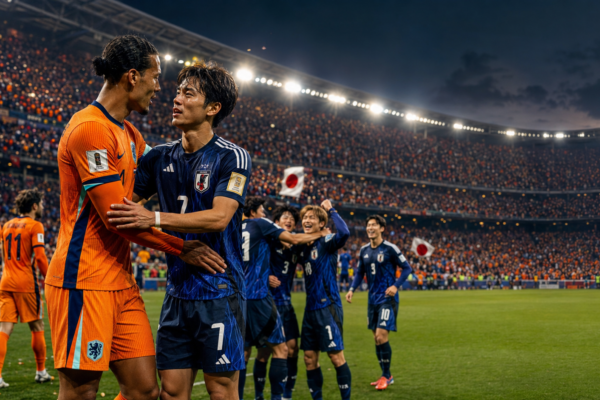 Netherlands and Japan players celebrating and acknowledging fans after a dramatic 2-2 draw during a FIFA World Cup 2026 Group F match in a packed stadium.