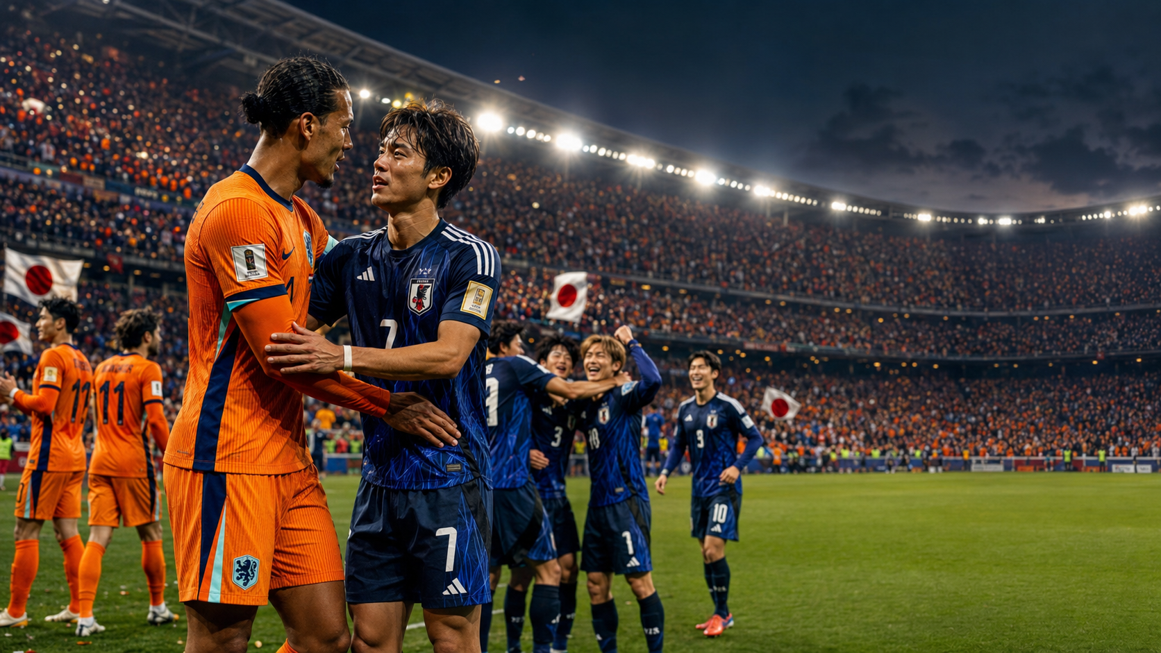 Netherlands and Japan players celebrating and acknowledging fans after a dramatic 2-2 draw during a FIFA World Cup 2026 Group F match in a packed stadium.