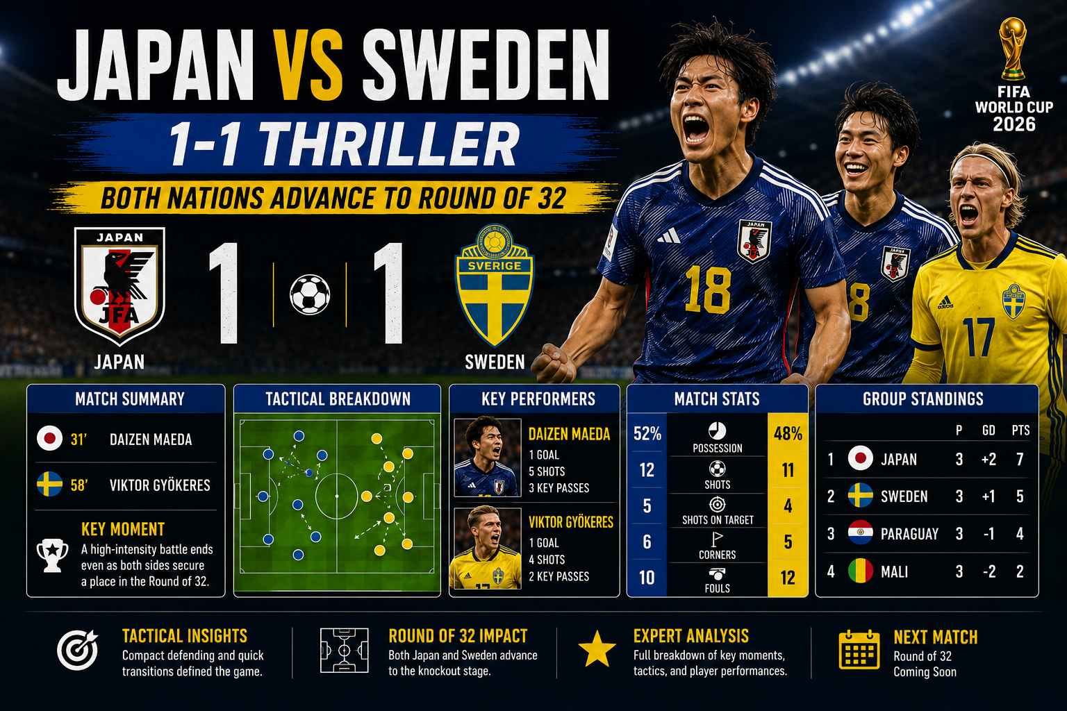 Daizen Maeda celebrates scoring Japan’s opening goal against Sweden with teammates in the FIFA World Cup 2026 match at Dallas Stadium.