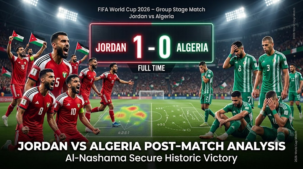 Jordan vs Algeria World Cup 2026 post-match analysis showing Jordan victory celebration and Algeria players disappointed in stadium
