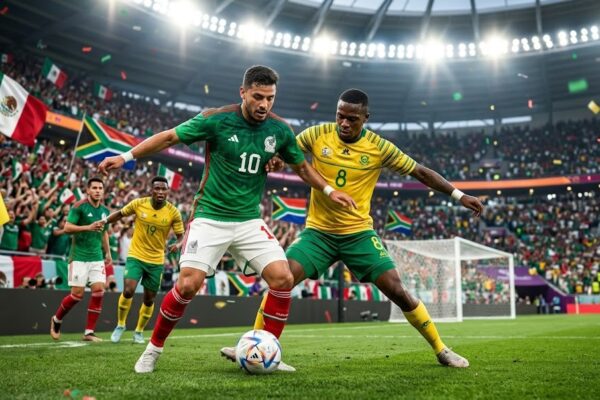 Mexico player in green jersey number 10 battling South Africa player in yellow jersey number 8 for the ball during a World Cup match, packed stadium in background