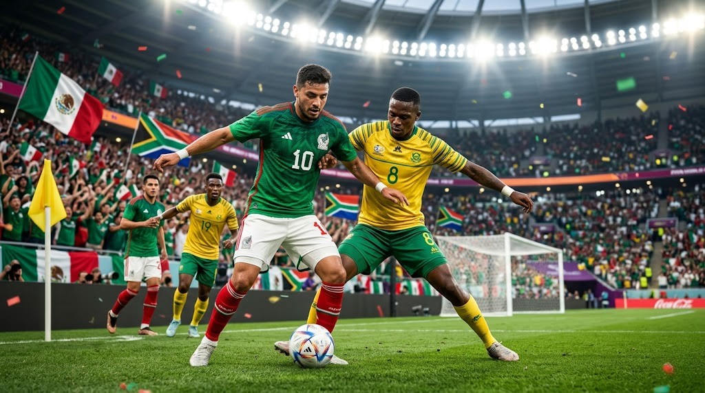 Mexico player in green jersey number 10 battling South Africa player in yellow jersey number 8 for the ball during a World Cup match, packed stadium in background