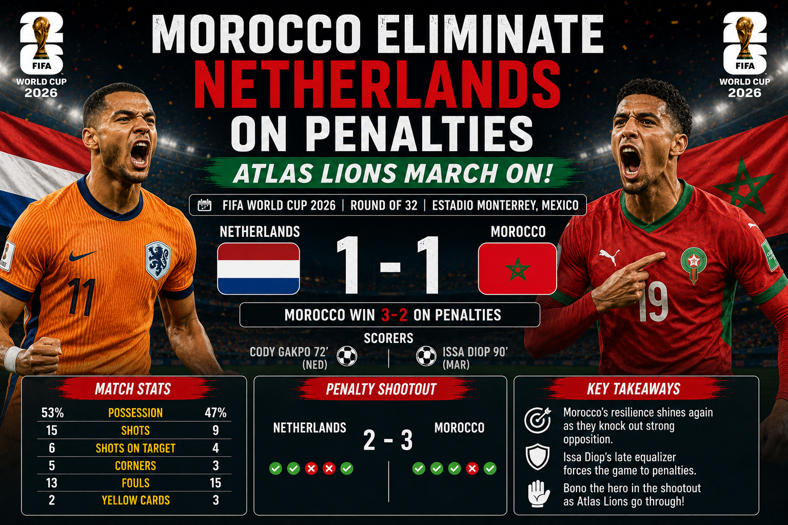 Morocco eliminate Netherlands on penalties 3-2 FIFA World Cup 2026 Round of 32 post-match analysis infographic showing match stats penalty shootout scorers and key takeaways from Estadio Monterrey Mexico.