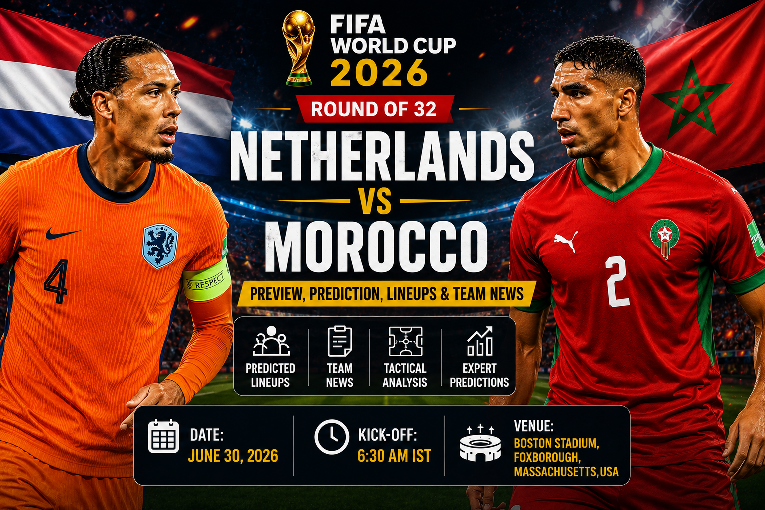 Netherlands and Morocco players lining up before the FIFA World Cup 2026 Round of 32 match at Monterrey Stadium.