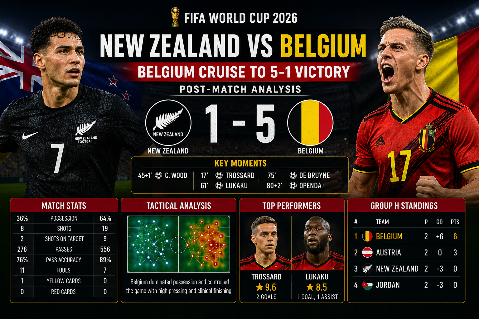Leandro Trossard and Kevin De Bruyne of the Belgium National Team celebrating a goal against New Zealand at the FIFA World Cup 2026.