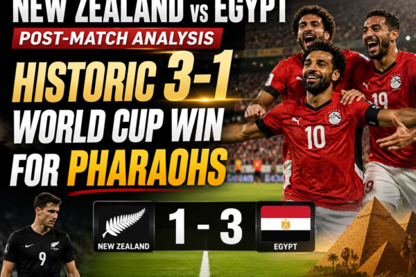 Egypt players celebrating after defeating New Zealand 3-1 during the FIFA World Cup 2026 match at BC Place Stadium in Vancouver, Canada.