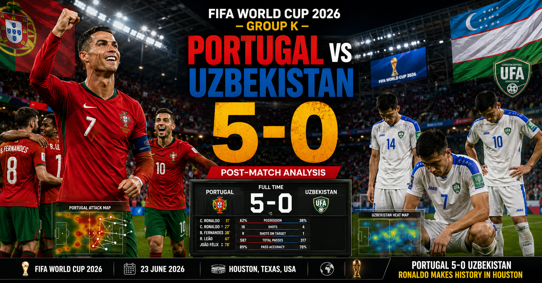 Cristiano Ronaldo celebrating a goal during Portugal vs Uzbekistan at the 2026 FIFA World Cup.