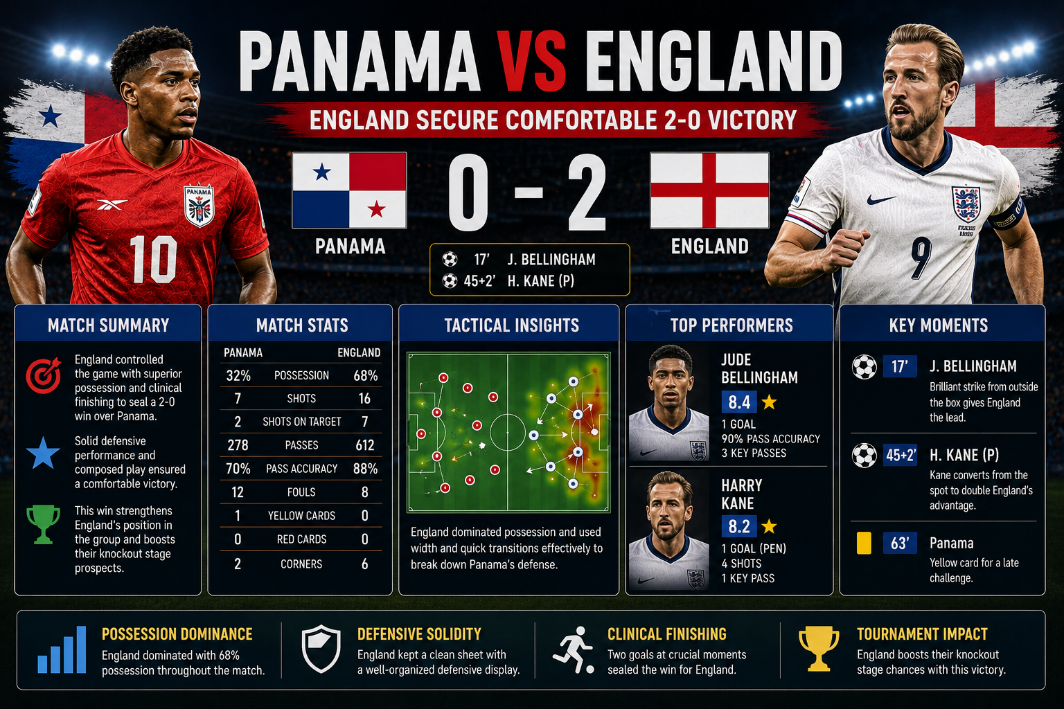 England players celebrate during the Panama vs England FIFA World Cup 2026 match after a 2-0 victory.